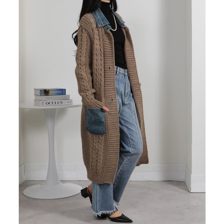 ケーブルニット デニム使い ビッグボタン ロングカーデ | Pumpkin  Port | 詳細画像14 