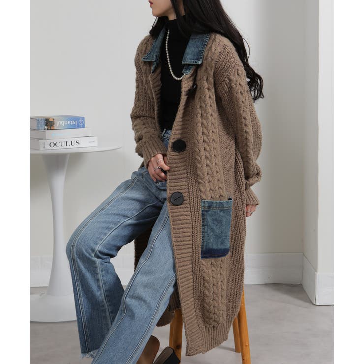ケーブルニット デニム使い ビッグボタン ロングカーデ | Pumpkin  Port | 詳細画像16 
