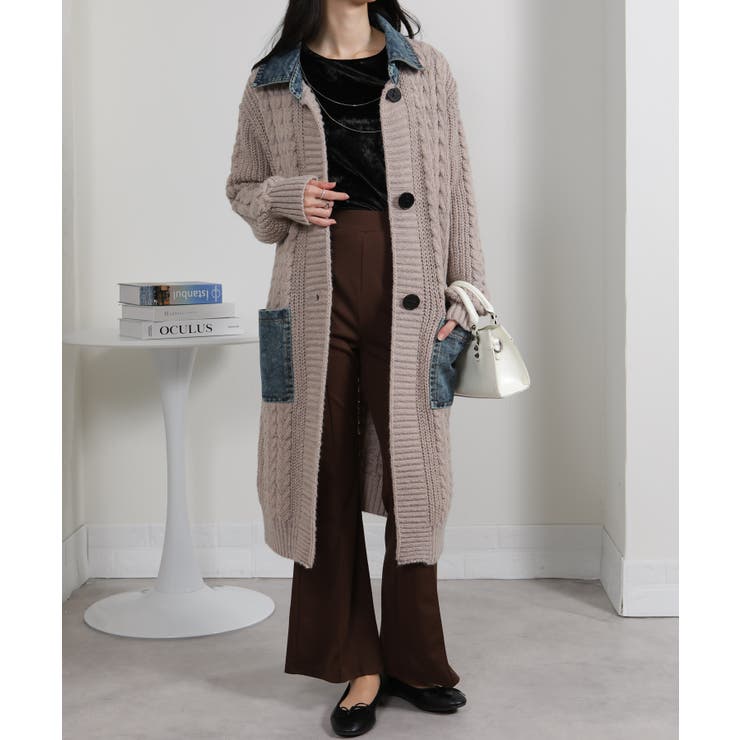 ケーブルニット デニム使い ビッグボタン ロングカーデ | Pumpkin  Port | 詳細画像19 