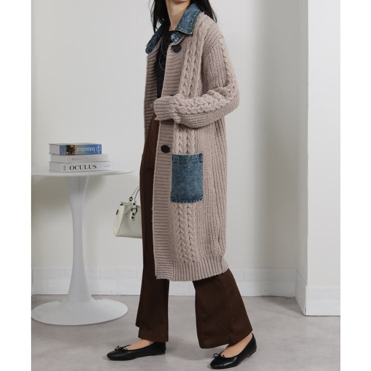 ケーブルニット デニム使い ビッグボタン ロングカーデ | Pumpkin  Port | 詳細画像20 