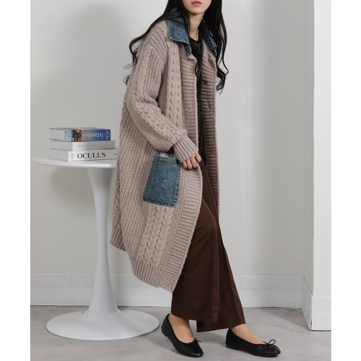 ケーブルニット デニム使い ビッグボタン ロングカーデ | Pumpkin  Port | 詳細画像21 