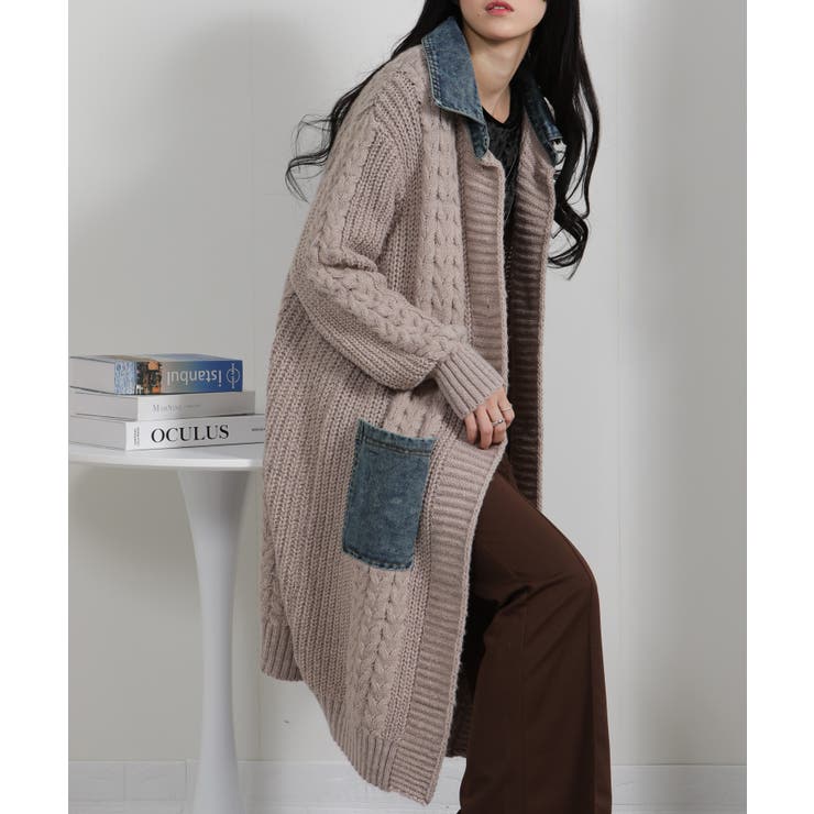 ケーブルニット デニム使い ビッグボタン ロングカーデ | Pumpkin  Port | 詳細画像22 