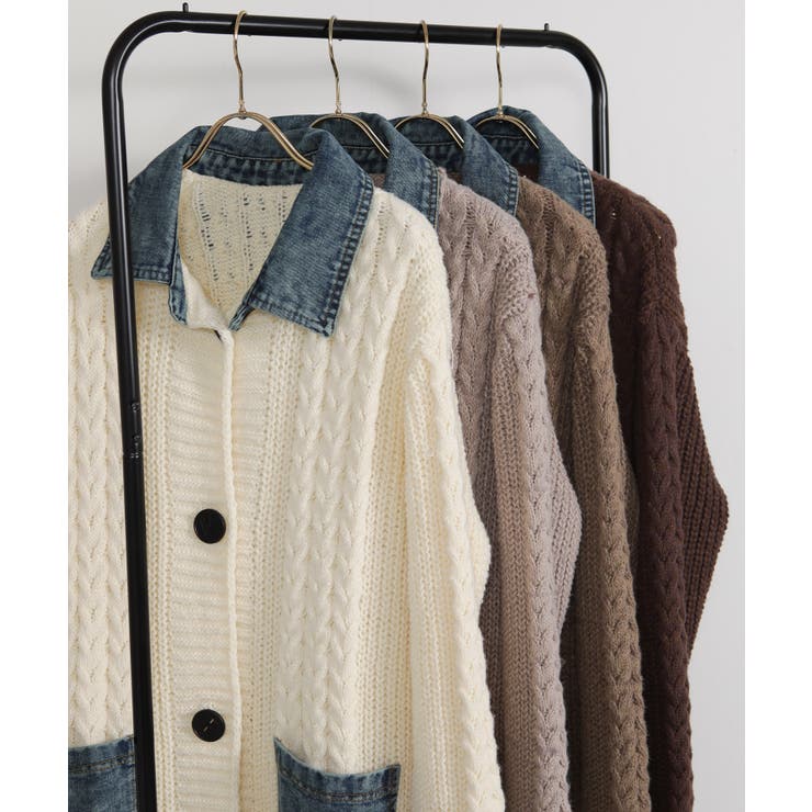 ケーブルニット デニム使い ビッグボタン ロングカーデ | Pumpkin  Port | 詳細画像23 