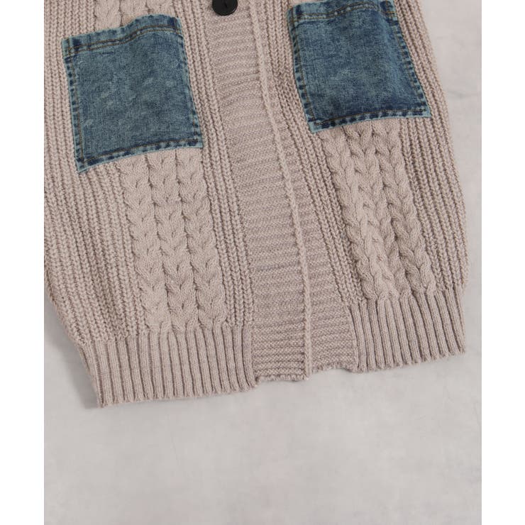 ケーブルニット デニム使い ビッグボタン ロングカーデ | Pumpkin  Port | 詳細画像28 