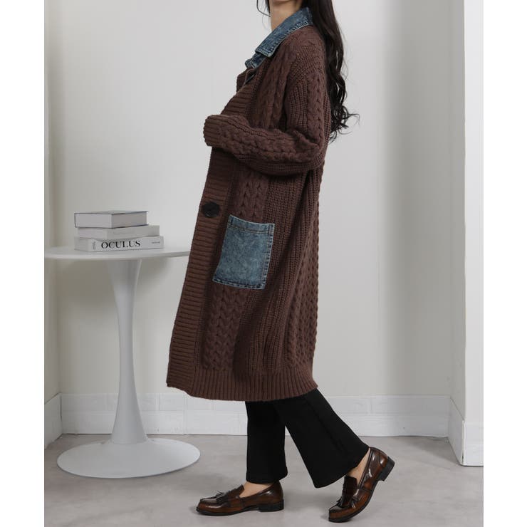 ケーブルニット デニム使い ビッグボタン ロングカーデ | Pumpkin  Port | 詳細画像3 