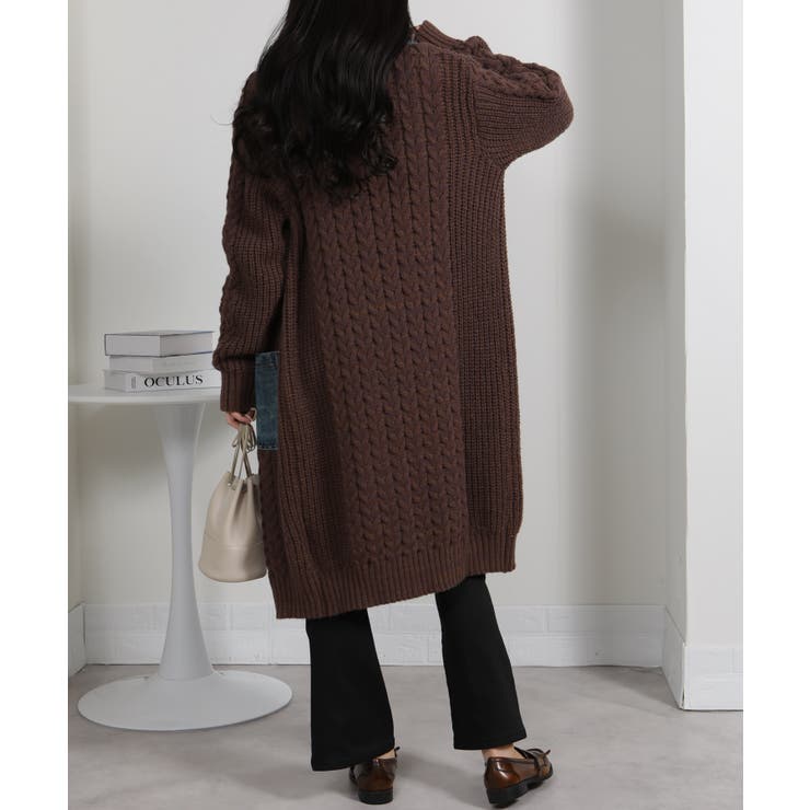 ケーブルニット デニム使い ビッグボタン ロングカーデ | Pumpkin  Port | 詳細画像4 