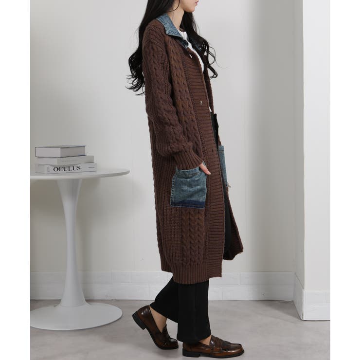 ケーブルニット デニム使い ビッグボタン ロングカーデ | Pumpkin  Port | 詳細画像5 