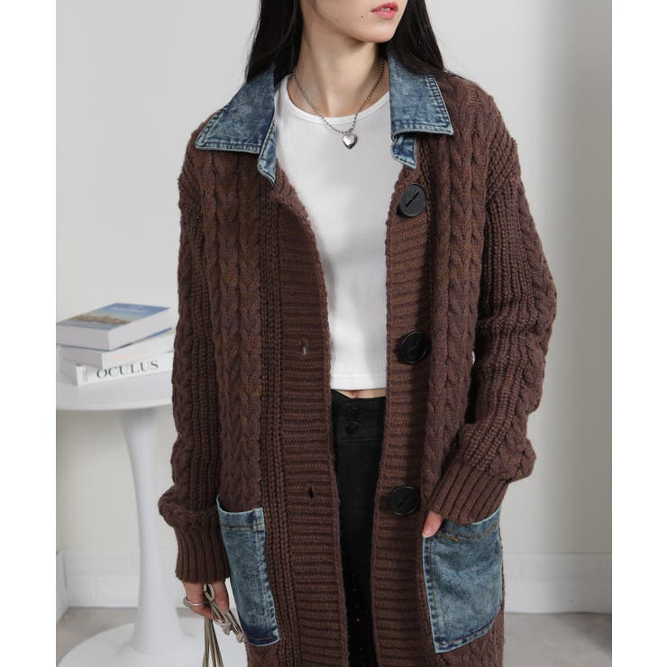 ケーブルニット デニム使い ビッグボタン ロングカーデ | Pumpkin  Port | 詳細画像6 