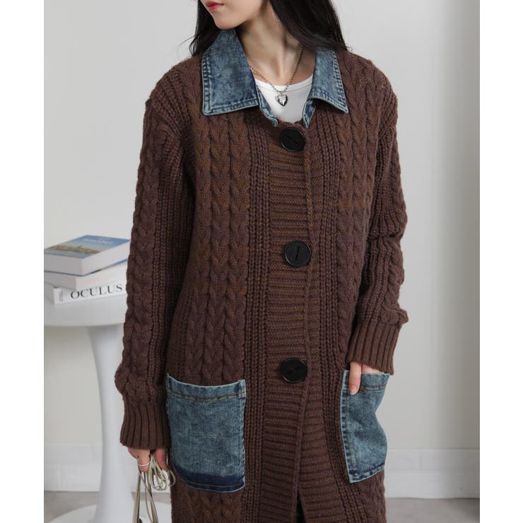 ケーブルニット デニム使い ビッグボタン ロングカーデ | Pumpkin  Port | 詳細画像7 