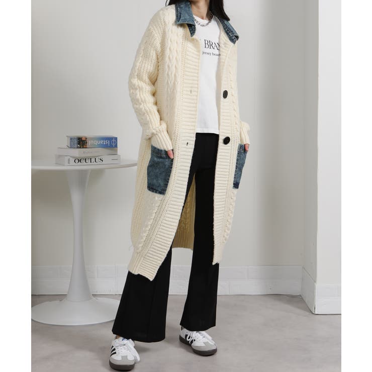 ケーブルニット デニム使い ビッグボタン ロングカーデ | Pumpkin  Port | 詳細画像9 