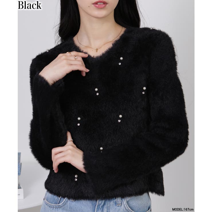 ブラック | シャギーニット ビジュー付き プルオーバーニットトップス | Pumpkin  Port