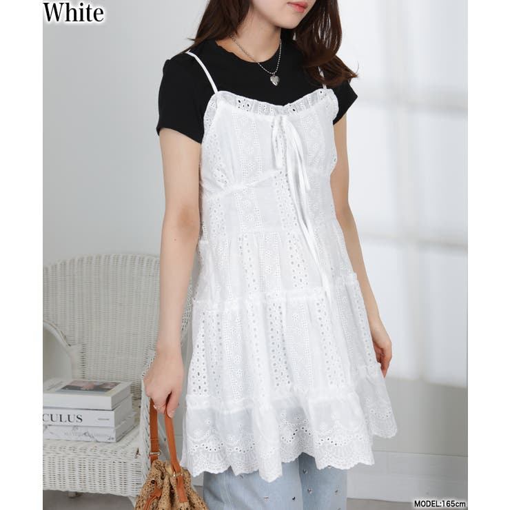 ホワイト | コットン風レース ティアードキャミミニワンピース | Pumpkin  Port