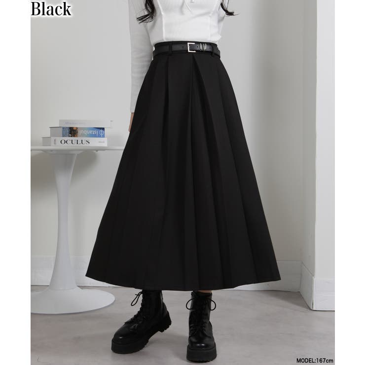 ブラック | ベルト付 タックプリーツ ロングスカート | Pumpkin  Port