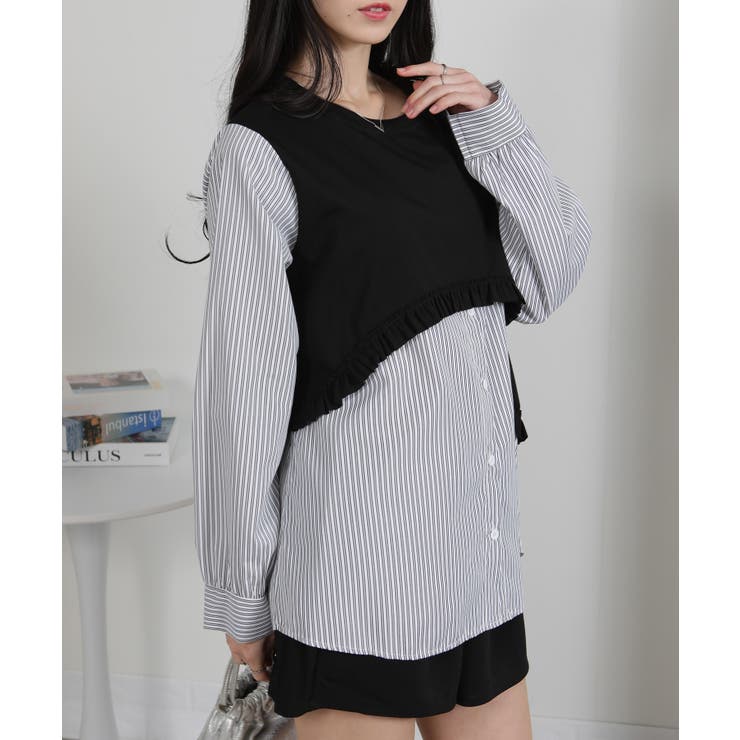 フリルベスト フェイクレイヤード BIGサイズシャツ | Pumpkin  Port | 詳細画像5 