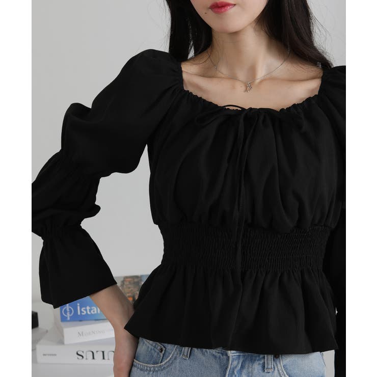 リボンポイント スクエアネック シャーリング ブラウス | Pumpkin  Port | 詳細画像16 