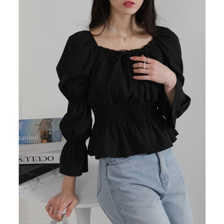 リボンポイント スクエアネック シャーリング ブラウス | Pumpkin  Port | 詳細画像21 