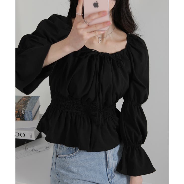 リボンポイント スクエアネック シャーリング ブラウス | Pumpkin  Port | 詳細画像22 