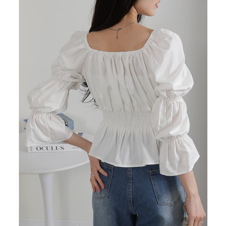 リボンポイント スクエアネック シャーリング ブラウス | Pumpkin  Port | 詳細画像7 