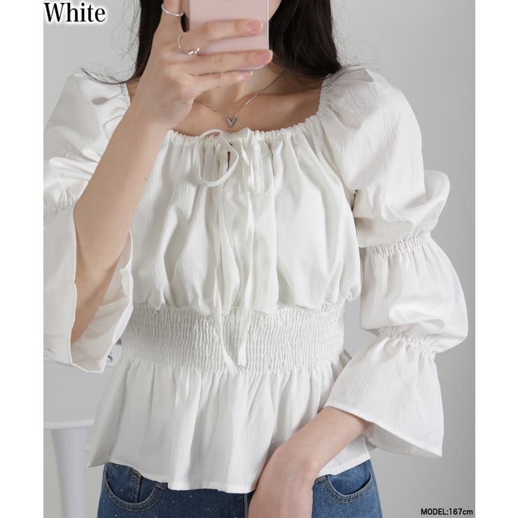 ホワイト | リボンポイント スクエアネック シャーリング ブラウス | Pumpkin  Port