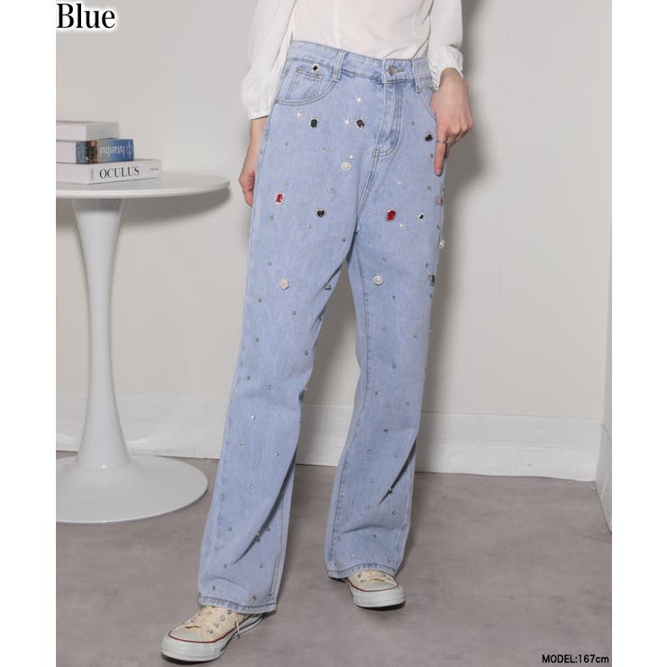 ブルー | ジュエリー ビジュー デニムワイドパンツ | Pumpkin  Port