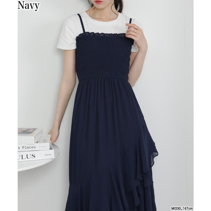ネイビー | アシメボリュームフリル キャミワンピース | Pumpkin  Port