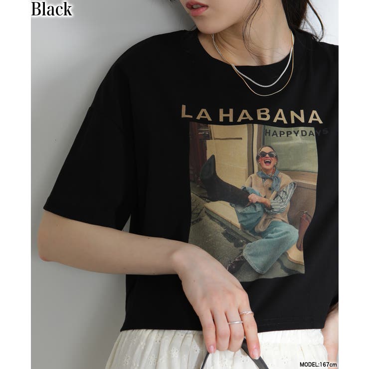 ブラック | GIRL プリント ショート丈 半袖Tシャツ | Pumpkin  Port