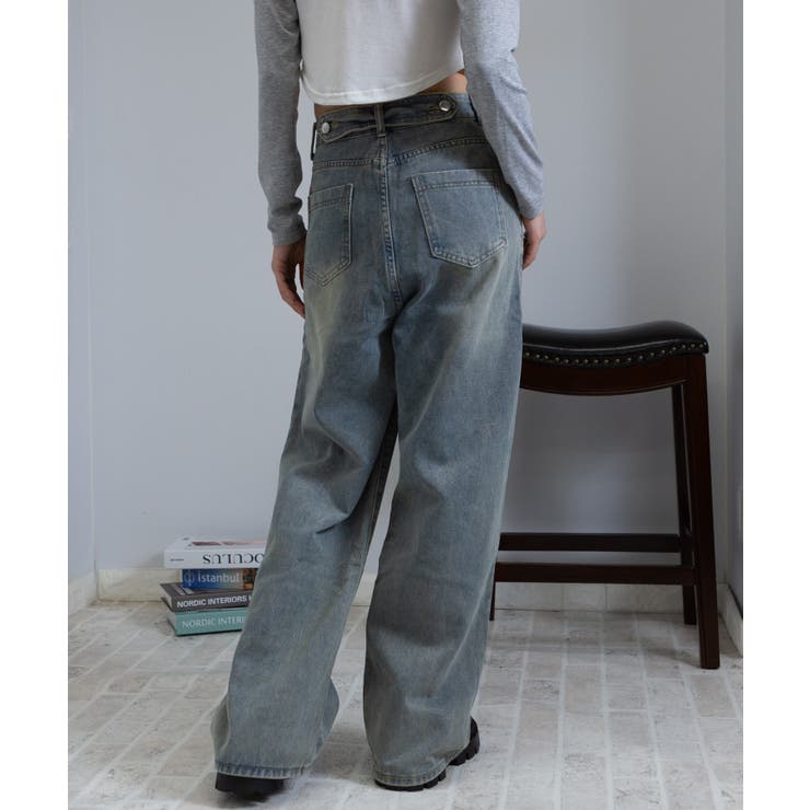 サスペンダー付き デニムルーズ ワイドパンツ[品番：PPNW0004361