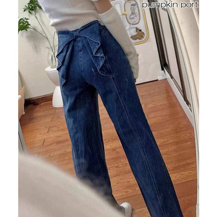 BACKリボン ハイウエストデニムワイドパンツ[品番：PPNW0004169