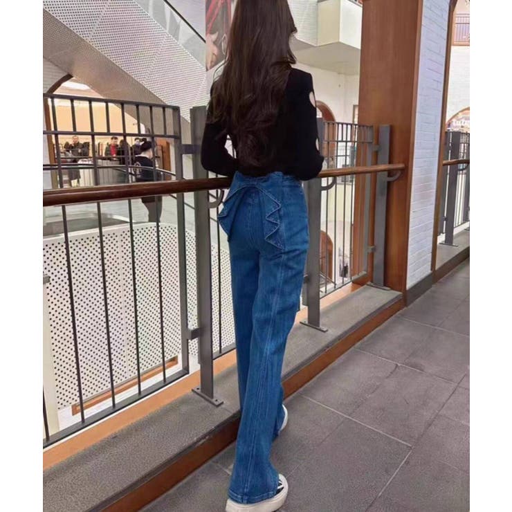 BACKリボン ハイウエストデニムワイドパンツ[品番：PPNW0004169