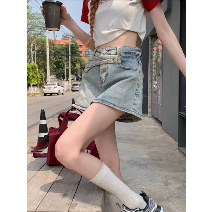 アシメベルト インパン付 デニムミニスカート[品番：PPNW0004200