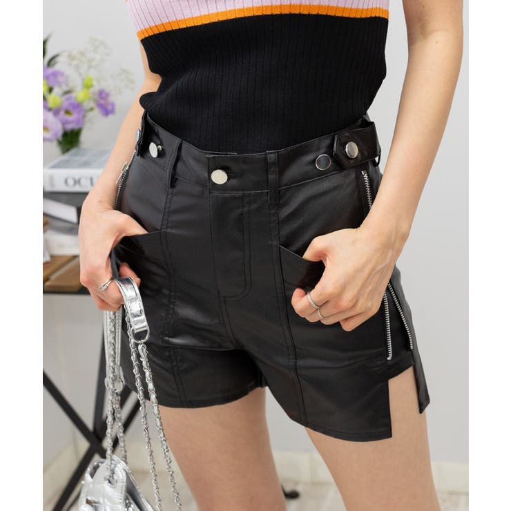 W ボタンフェイクレザー サイドZIP ショートパンツ[品番：PPNW0004362