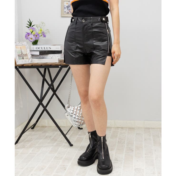 W ボタンフェイクレザー サイドZIP ショートパンツ[品番：PPNW0004362