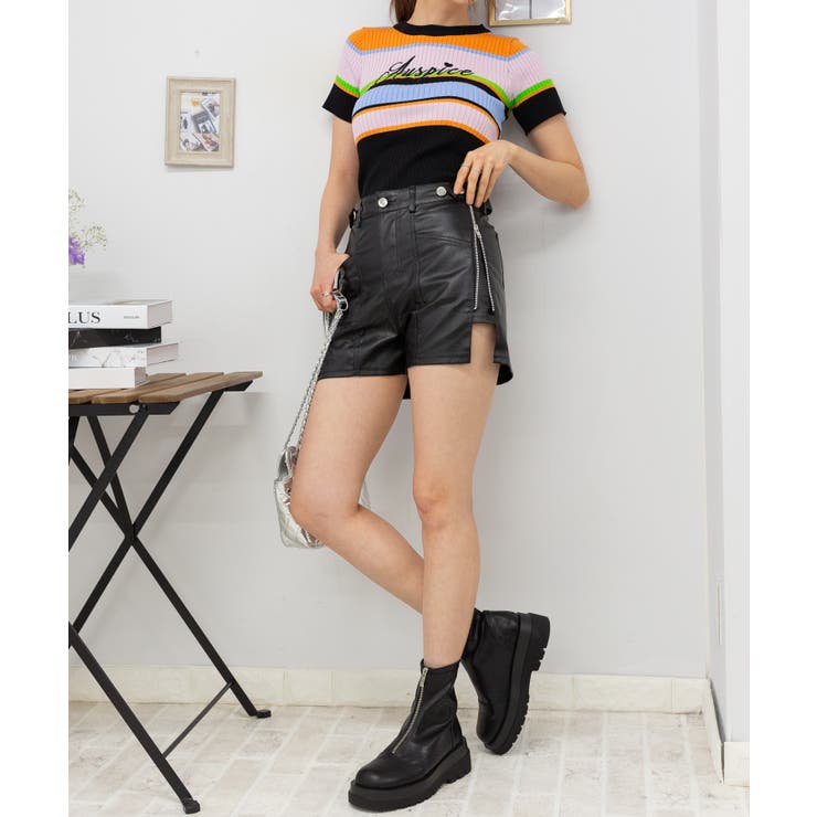 W ボタンフェイクレザー サイドZIP ショートパンツ[品番：PPNW0004362
