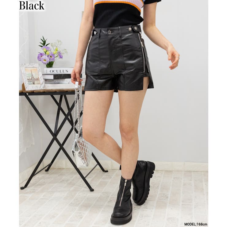 W ボタンフェイクレザー サイドZIP ショートパンツ[品番：PPNW0004362