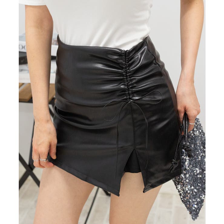 フェイクレザー サイドスピンドルリボン インパン ミニスカート[品番