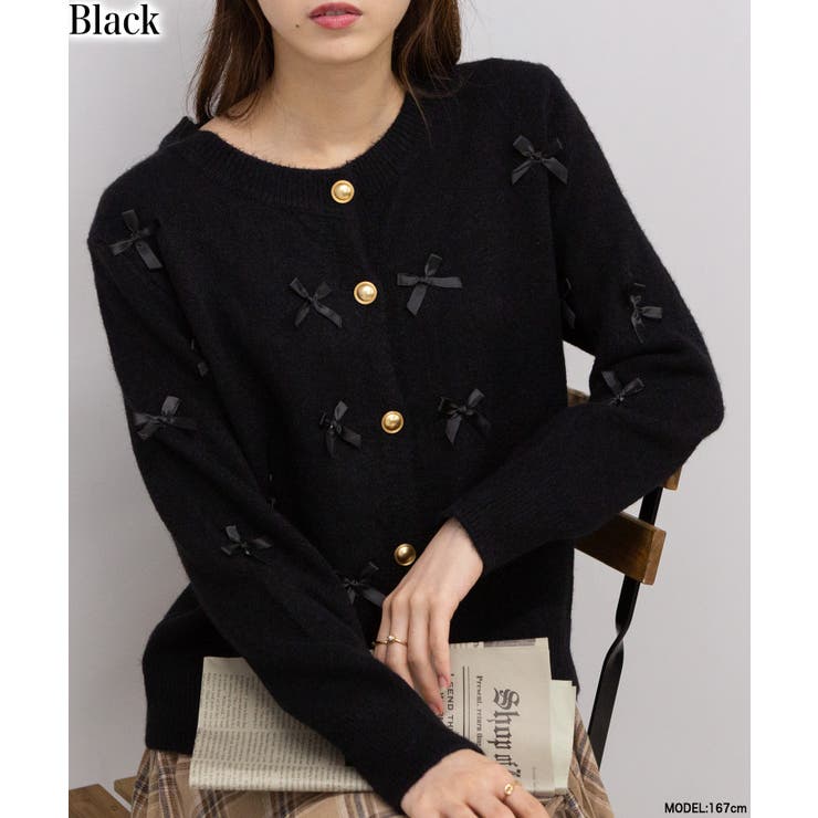 サテンリボン付き ゴールドボタン 長袖 カーディガン[品番