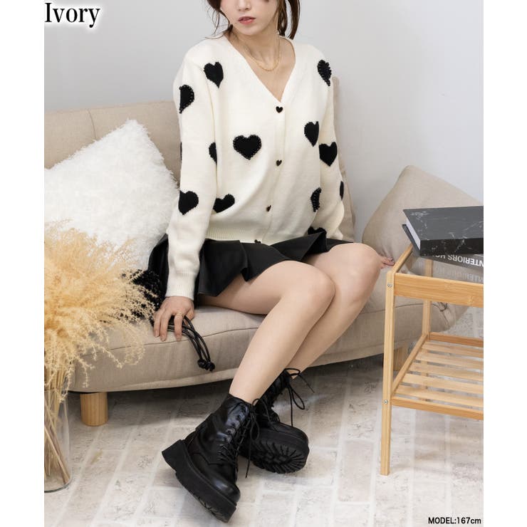 ハート柄 Vネック ニットカーデ[品番：PPNW0004511]｜Pumpkin Port