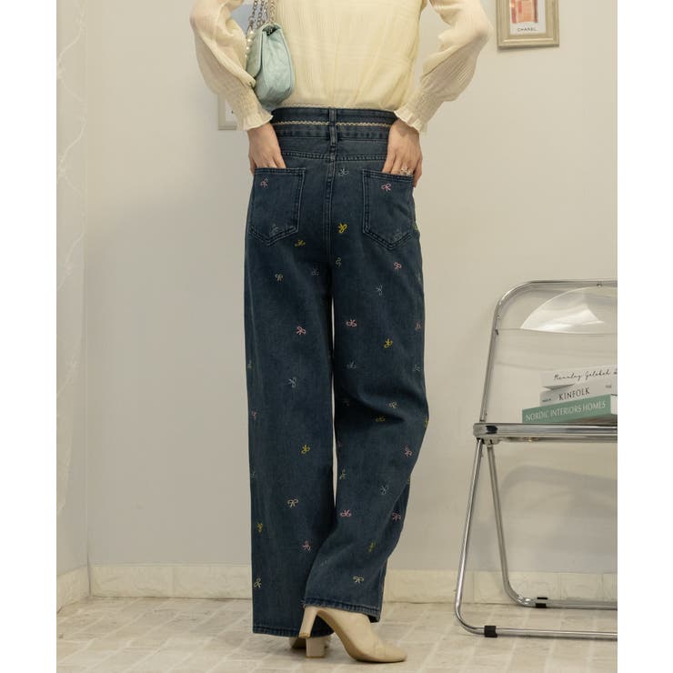 【SEAL限定商品】 カラフルリボン刺繍 デニムワイドパンツ[品番：PPNW0004563 パンツ