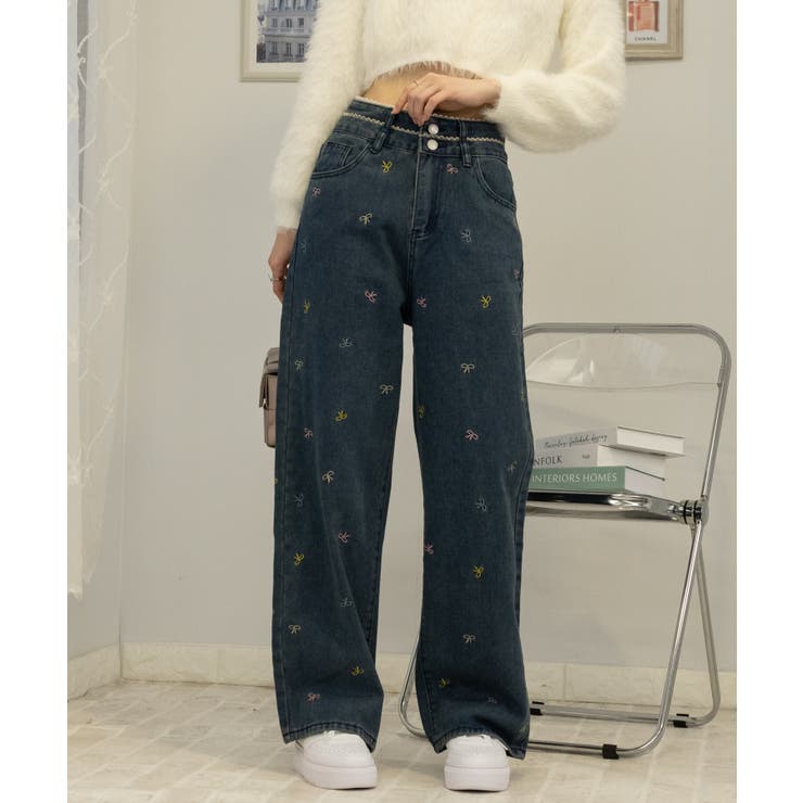 カラフルリボン刺繍 デニムワイドパンツ[品番：PPNW0004563