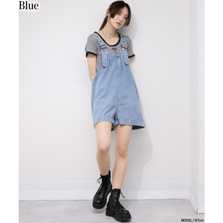 ワイドシルエットのデニムショート丈サロペット[品番：PPNW0004756