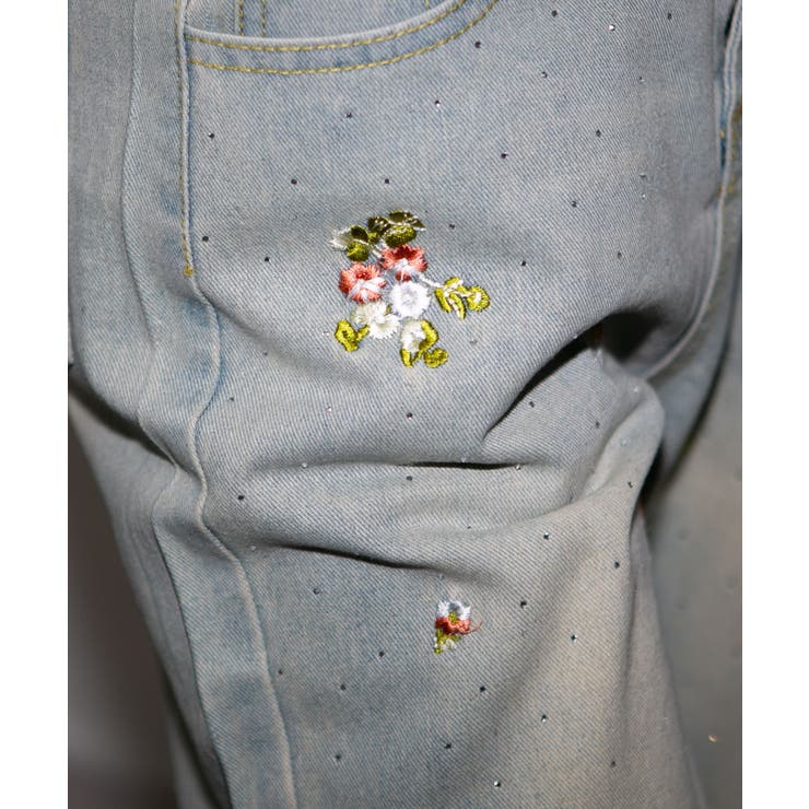 ジルコン×花刺繍 デニムロングパンツ[品番：PPNW0004699