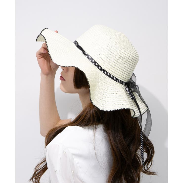 カシラca4la BRIDE HAT ASM 水玉チュールのリボン麦わら帽子