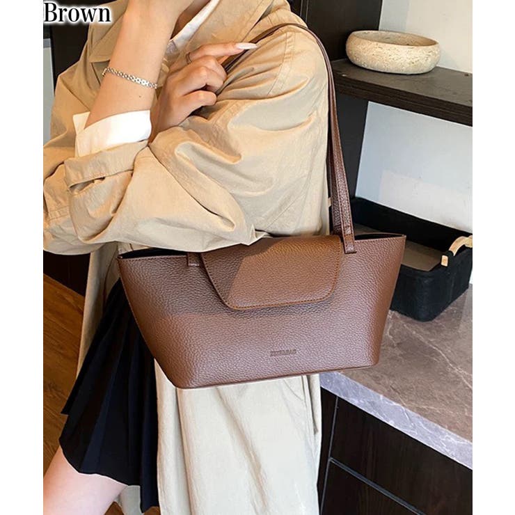 ブラウン | フラップ付き横長トートバッグ（バッグインバッグ付き） | Pumpkin  Port