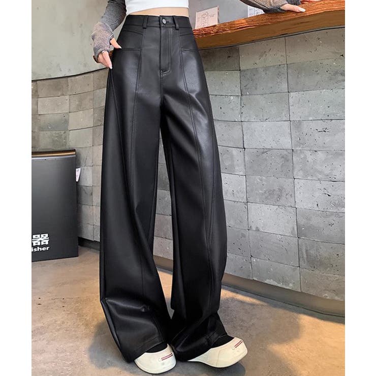 切替デザイン 合成皮革ワイドロングパンツ | Pumpkin  Port | 詳細画像4 