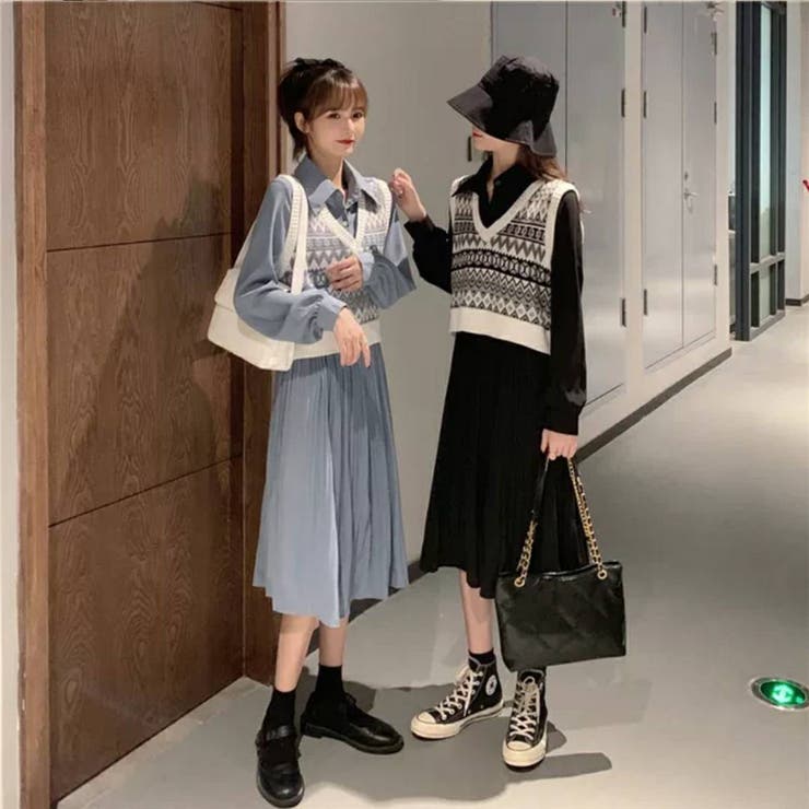 幾何学柄ニットベスト付ワンピース セットアップ 品番 Ppnw Pumpkin Port パンプキンポート のレディースファッション通販 Shoplist ショップリスト