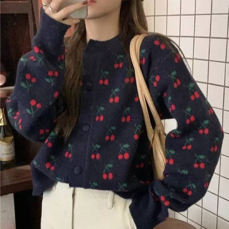 チェリー柄 ニットカーディガン[品番：PPNW0002965]｜Pumpkin Port
