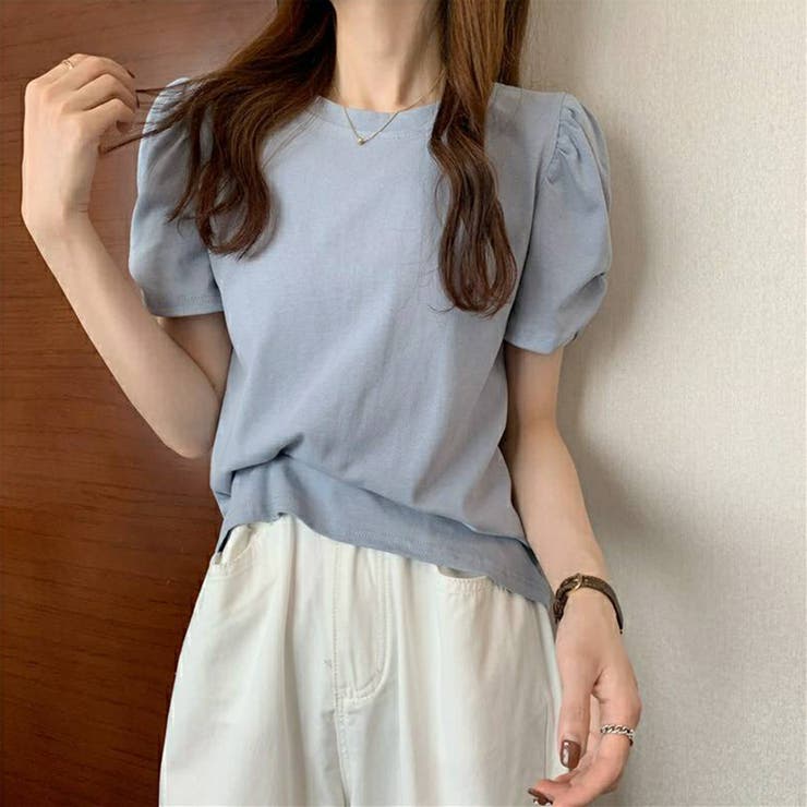 ビッグリボン Tシャツ 2色 パフスリーブ 大人可愛い カジュアル ピンタックパフスリーブトップス(カットソー・Tシャツ) | a.v.v