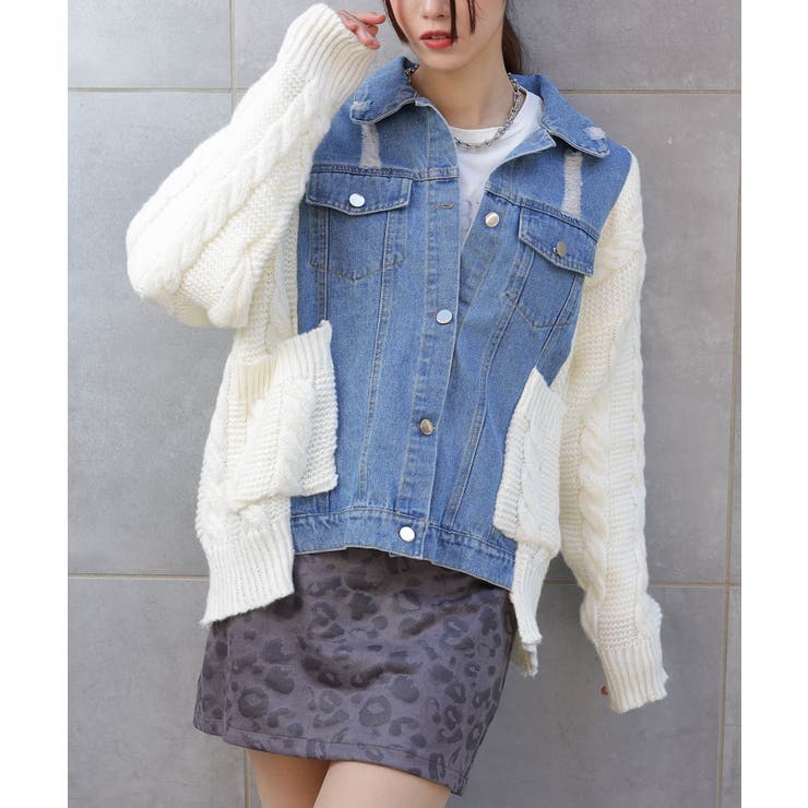 ブロークンデニム×ニット BIGサイズ ジャケットカーディガン | Pumpkin  Port | 詳細画像18 