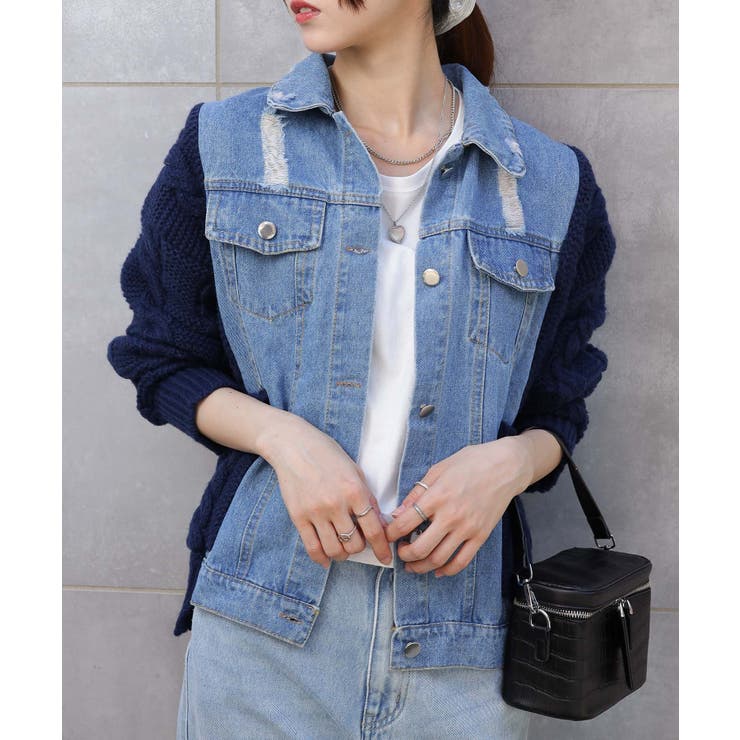 ブロークンデニム×ニット BIGサイズ ジャケットカーディガン | Pumpkin  Port | 詳細画像2 