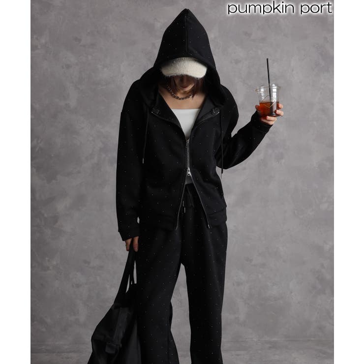 2点セット ジルコン付パーカー+スウェットパンツセットアップ[品番